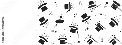 Magic Hat and Wand Icon Set with Sparkle Stars for Magician Trick Show, Fantasy Illusion Performance and Magical Entertainment Design