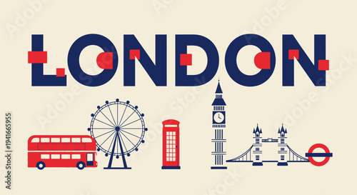 London Cityscape with Iconic Landmarks and Stylized Typography.