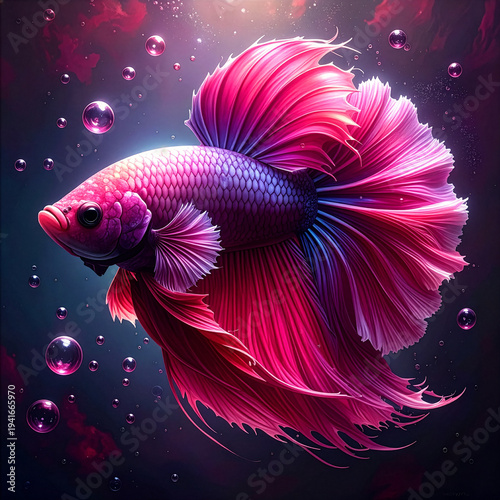 A vibrant magenta and purple Siamese fighting fish, Betta splendens, with magnificent flowing fins, swimming in dark, magical water with glowing pink bubbles. Fantasy aquatic life concept.