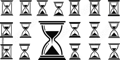 Hourglass Time Sand Clock Icon Set Representing Time Passing, Countdown Timer, Deadline Concept, Waiting Period, and Productivity Management Symbols for Design