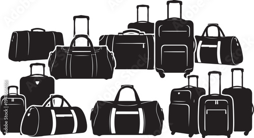 Collection of various black luggage bags and suitcases illustration