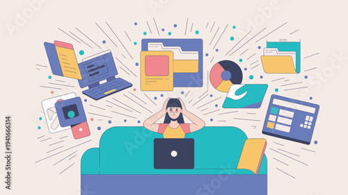 A stressed woman sits on a couch surrounded by multiple laptops and documents.