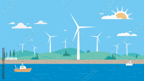 An illustration of wind turbines on a green hill by the ocean with boats sailing by under a sunny blue sky