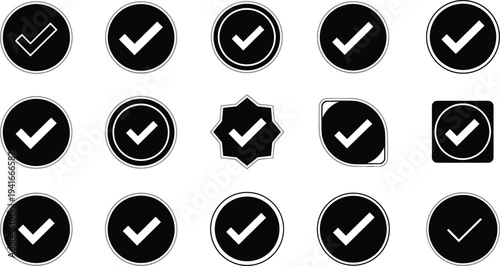 Check Mark Approval Icon Set with Tick Symbols in Circle and Badge Shapes for Verification, Confirmation, Success Status, and Interface Design