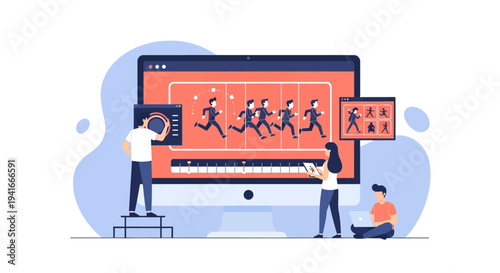 People working on computer creating animation, motion graphics, and video editing.