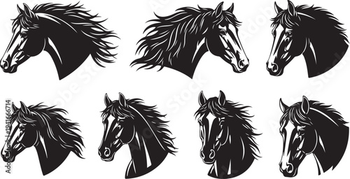 Collection of black horse head silhouettes in various poses
