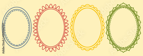 Set of colorful oval decorative frames for labels and badges. Minimalist oval border collection with ornate edge designs