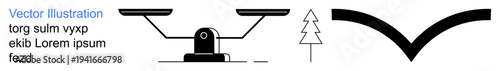 Decision-making, environmental awareness, equality, legal system, minimalism, abstract design. Balance scale, tree and V-shape icons as minimal linear graphic forms. Decision-making