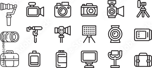 Cinematography production gear icons including stabilizer microphones lights and travel cases