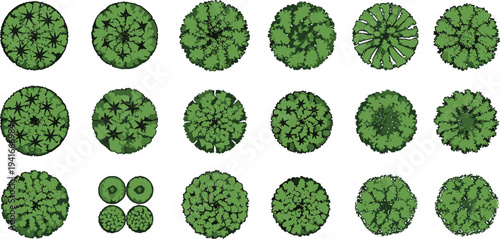 Collection of green tree canopy top view icons for landscape plan garden design map elements forest vegetation vector set illustration