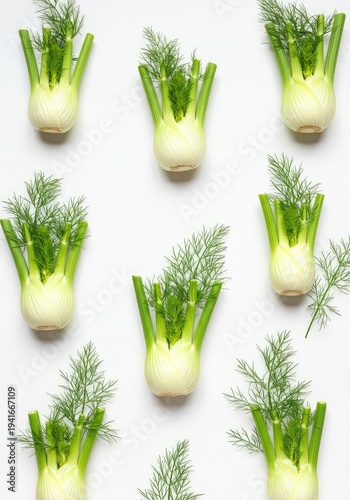 A seamless pattern featuring delicate green fennel fronds and pale bulbs arranged rhythmically on a white background, creating fresh organic wallpaper texture ,stalk ,abstract ,pattern