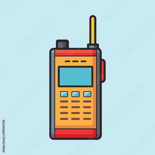 Illustration of a colorful handheld transceiver radio against a light blue backdrop