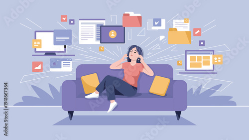 A stressed woman sits on a purple couch surrounded by digital icons and paperwork