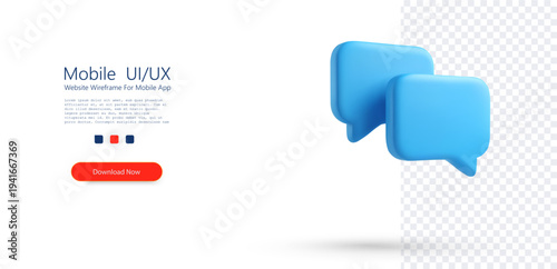 Minimal 3D chat bubble icon set with blue speech message symbols isolated on transparent background, representing communication, conversation, messaging, support, feedback, and digital interaction.