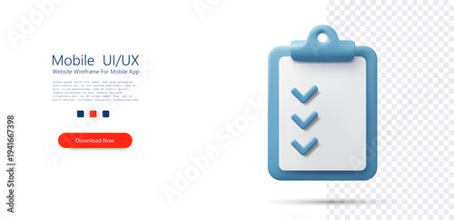 Wallpaper Mural Minimal 3D clipboard checklist icon with blue frame and check marks isolated on transparent background, representing task completion, planning, verification, productivity, and workflow management. Torontodigital.ca
