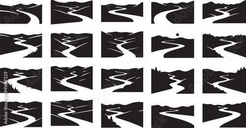 Collection of black and white river landscape silhouettes images