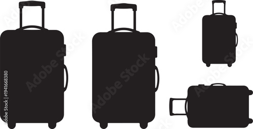 Silhouettes of various suitcases and luggage on white background