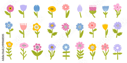 Set of cute colorful garden and wild flowers in flat hand drawn style. Summer botanical plants with stems and leaves  on white background. Spring floral set for pattern, design, clipart