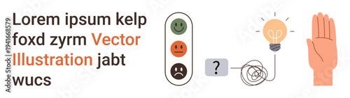 Mental health, emotional well-being, problem-solving, self-awareness, behavioral analysis, decision-making. Traffic light emoticons, tangled line light bulb and raised hand. Mental health