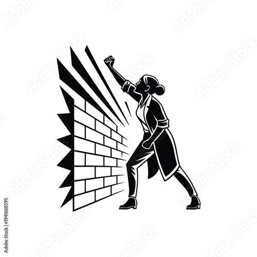 Powerful black and white illustration of a person breaking through a brick wall symbolizing determination