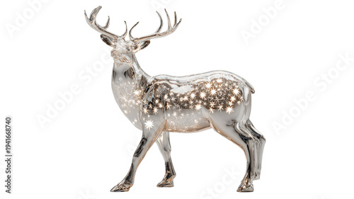 Silver metallic reindeer sculpture with glowing star patterns elegant deer figure festive winter holiday decoration isolated on white background
