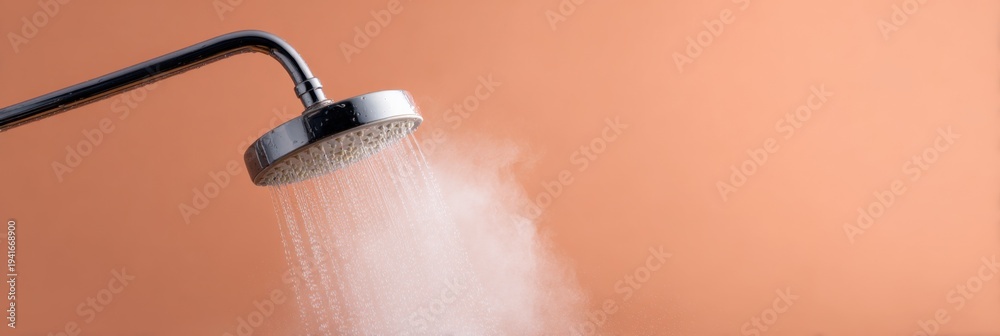 Fototapeta premium Chrome showerhead emitting misty steam and fine water spray on peach background for a warm bathroom atmosphere