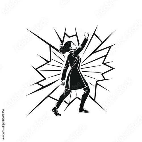 Dynamic black and white illustration of a woman celebrating victory with confidence and success