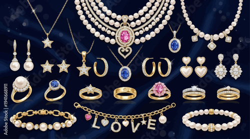 Luxury Gold Pearl Diamond Jewelry Collection Elegant Necklace Ring Earrings Set