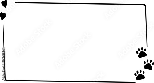 Empty cute cat or dog, pet frame speech bubble with ears and tail, border with paw print. Doodle sketch hand drawn elements. Footprint badge, border divider. 