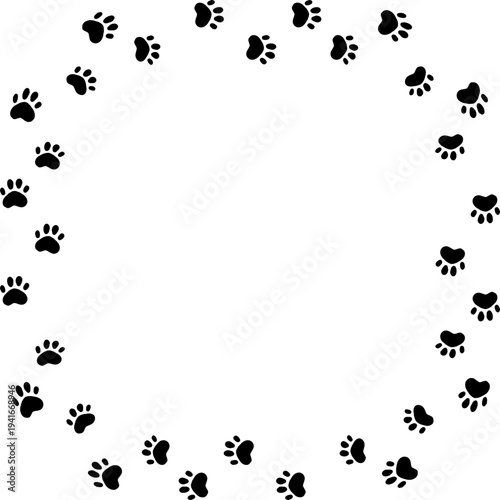 Empty cute cat or dog, pet frame speech bubble with ears and tail, border with paw print. Doodle sketch hand drawn elements. Footprint badge, border divider. 
