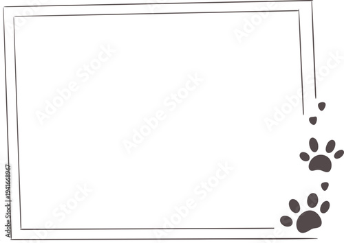 Empty cute cat or dog, pet frame speech bubble with ears and tail, border with paw print. Doodle sketch hand drawn elements. Footprint badge, border divider. 