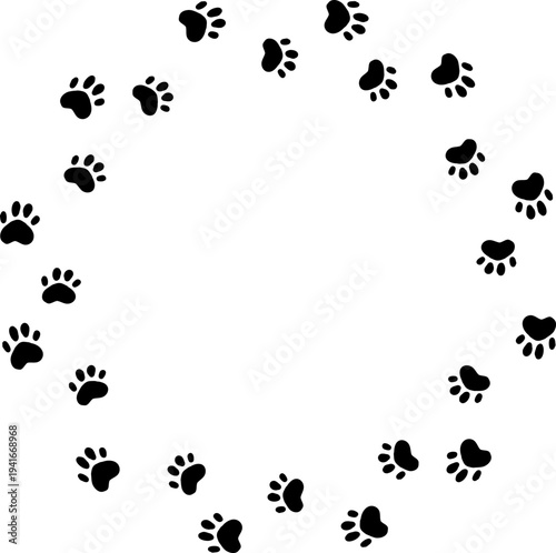 Empty cute cat or dog, pet frame speech bubble with ears and tail, border with paw print. Doodle sketch hand drawn elements. Footprint badge, border divider. 