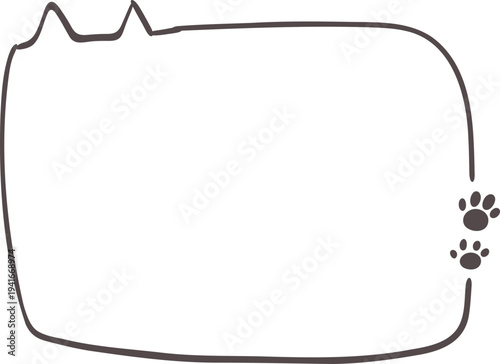 Empty cute cat or dog, pet frame speech bubble with ears and tail, border with paw print. Doodle sketch hand drawn elements. Footprint badge, border divider. 