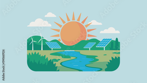 A serene landscape with solar panels and wind turbines under a sunny sky with a winding river and lush greenery