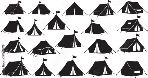 Collection of black and white tent illustrations on white