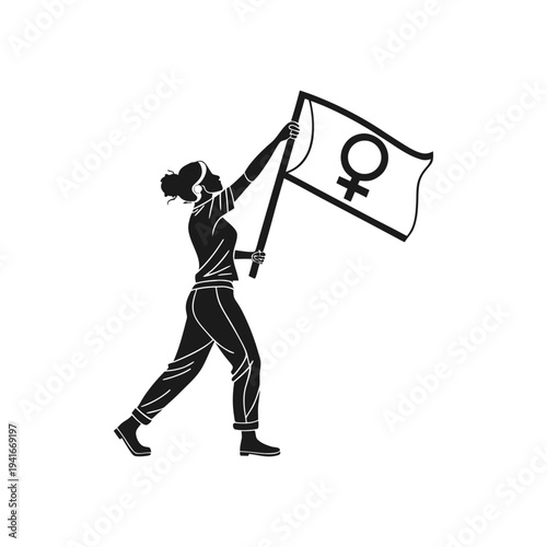 Activist person marching confidently while holding feminist equality flag symbol