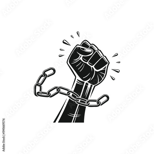 Powerful black and white illustration of a raised fist breaking free from chains
