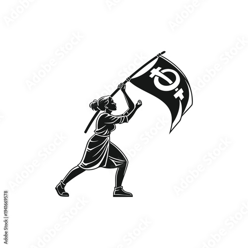 Revolutionary figure silhouette holding symbolic flag representing resistance and freedom movement