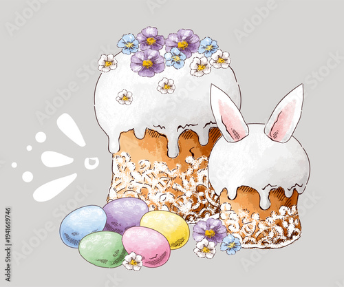 Clip art with Easter cakes, eggs and flowers. Happy Easter. Vintage postcard composition. Imitation of pastels, hand-drawn.