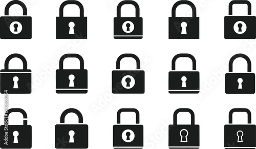 Padlock Security Icon Set with Lock Symbols for Data Protection, Privacy Control, Cyber Security, Safe Access, and Digital Safety Interface Design