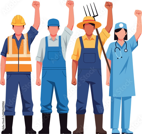 Diverse Group of Essential Workers from Various Industries Standing United with Raised Fists, Symbolizing Solidarity, Labor Rights, and Collective Strength