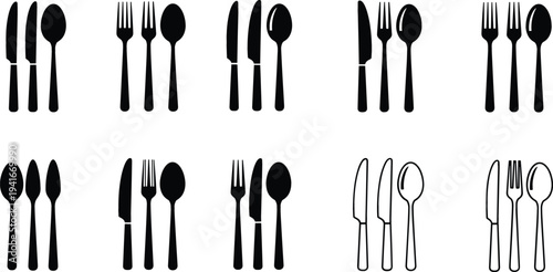 Fork Knife Spoon Cutlery Icon Set for Restaurant Dining, Kitchen Utensils, Food Service Symbols, Tableware Collection, and Culinary Interface Design