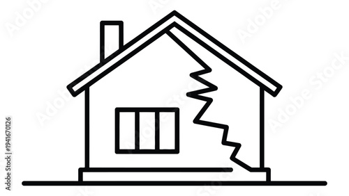 cracked house line icon representing earthquake damage disaster risk building destruction and structural safety problem minimal vector