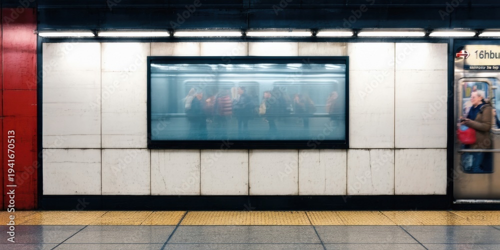 Fototapeta premium Subway station interior. People visible through glass doors, platform empty. Red accents contrast with white tile walls. Dim lighting creates mood.