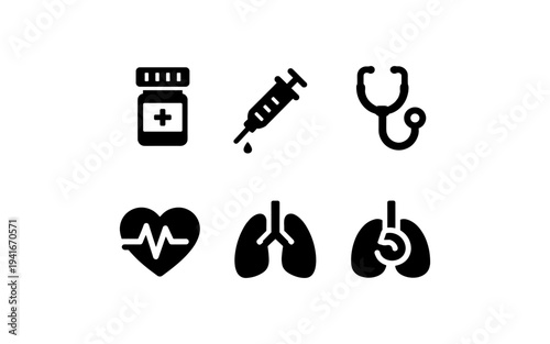 Set of medical icons including a pill bottle, syringe, stethoscope, heart, and lungs