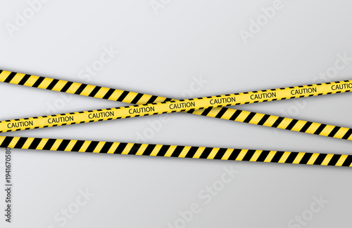 Caution striped boundary lines under construction. Barrier tapes for danger places. Yellow black danger ribbons. Set of warning bands for work zones. Vector illustration.