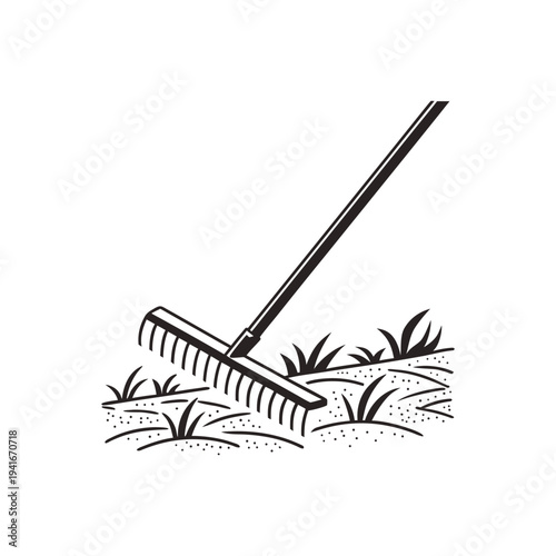 Garden rake cleaning grass illustration representing yard maintenance and landscaping