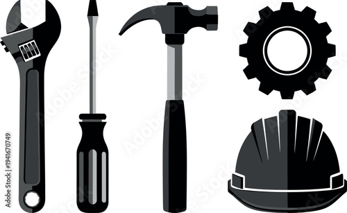 Essential tools and safety gear for construction, repair, and various skilled trades, featuring wrench, screwdriver, hammer, gear, and hard hat