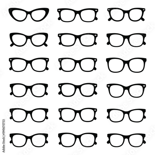 Collection of various eyeglasses and spectacles in different shapes and styles icon