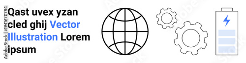 Global communication, renewable energy, engineering, technological innovation, power supply, futuristic concepts. Icon set with globe, gears battery. Global communication and renewable energy